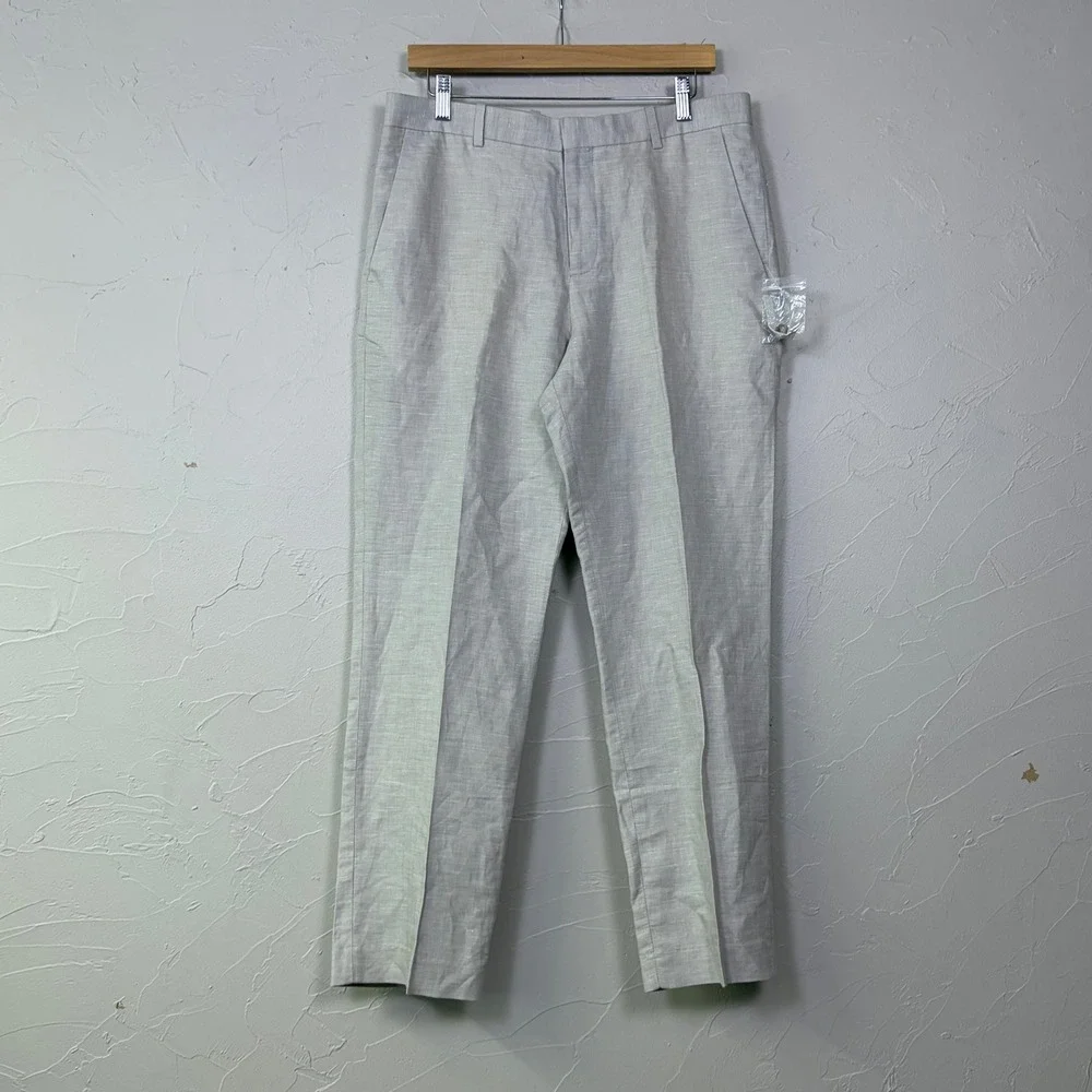 New Perry Ellis Portfolio Linen Pants Mens 32x30 Beige Flat Front Dress Trousers
